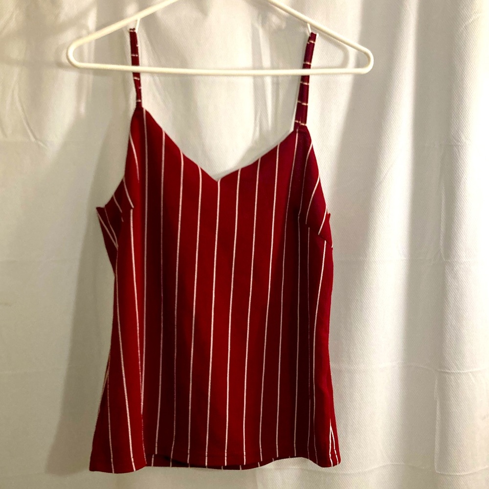 Shein Top Exc in Burgundy and White Stripes. Adjustable Straps, Scalloped Detail